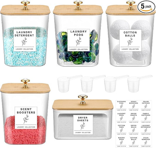 5 Pcs Laundry Room Organization Storage Containers 4 Large 3L Laundry Pod Containers and Dryer Sheet Holder with Bamboo Lids 18 Labels 4 Scoops for Detergent Powder Laundry Organizer
