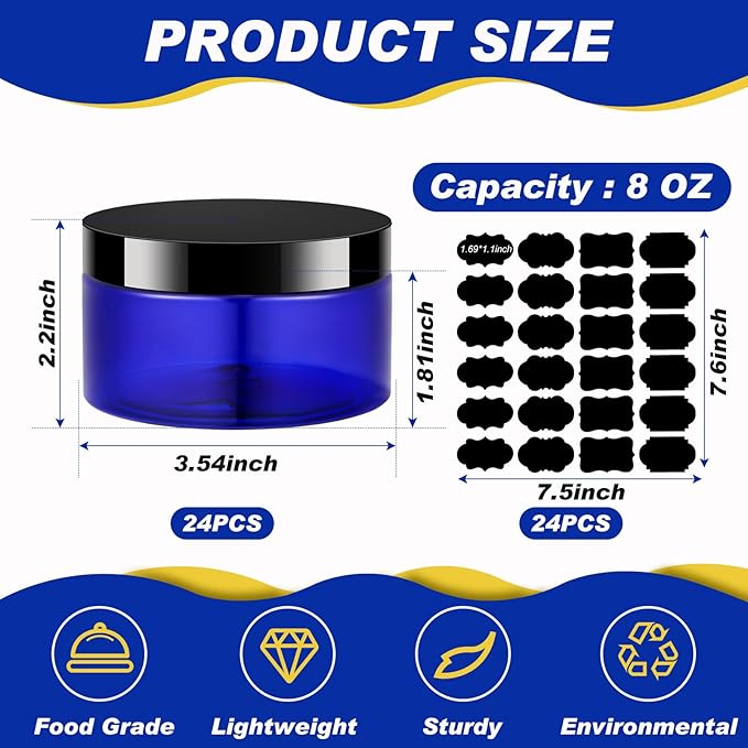 Dandat 24 Pcs 8 oz Plastic Jar Container with Lid and Label Refillable Empty Round Blue with Black Pet Cosmetic Sample Slime Containers for Lotion, Cream, Ointments, Body Butter, Makeup Travel Storage