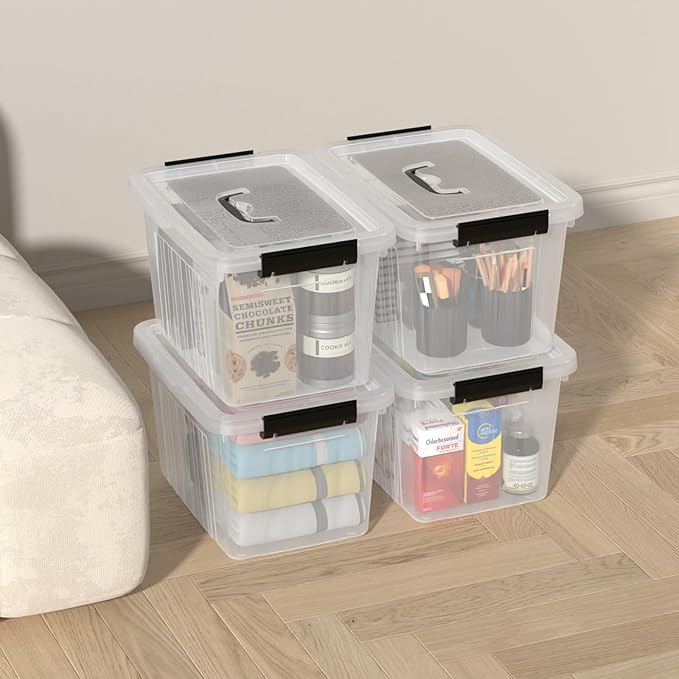 12 L Clear Lidded Storage Box, Plastic Latching Bin with Handle, 4 Pack