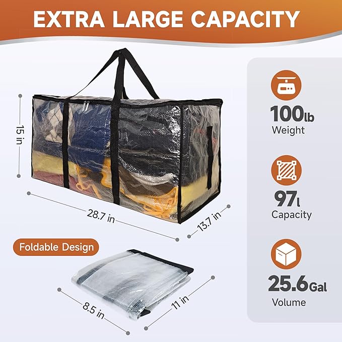CONGREGATE 2 Pack Extra Large Moving Bags with Zippers and Carrying Handles, Heavy-Duty Storage Tote Moving Boxes for Space Saving, Semi-Transparent 97L/25.6Gal (28.7"x13.7"x15")