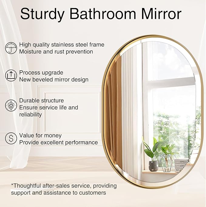 POZINO Oval Mirror Over Sink, Brushed Gold Beveled Bathroom Mirror, 22"x30" Vanity Wall Mirrors with Stainless Steel Frame, Brass Modern Rounded Mirrors for Bedroom Living Room Entryway