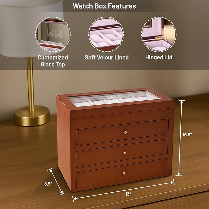 Bey-Berk Personalized Cherry Wood 48-Slot Watch Box (Brown), Custom Glass-Top Solid Wood Watch Organizer with Drawers & Velour-Lined Cushions