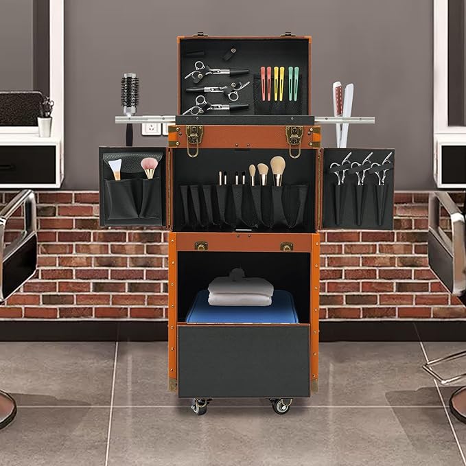 Rolling Makeup Case Large Storage Cosmetic Trolley, Rolling Lockable Makeup Train Case, Stylist Beauty Salon Cosmetic Luggage Travel Organizer Tool Box with Hair Dryer Holder (Coffee)