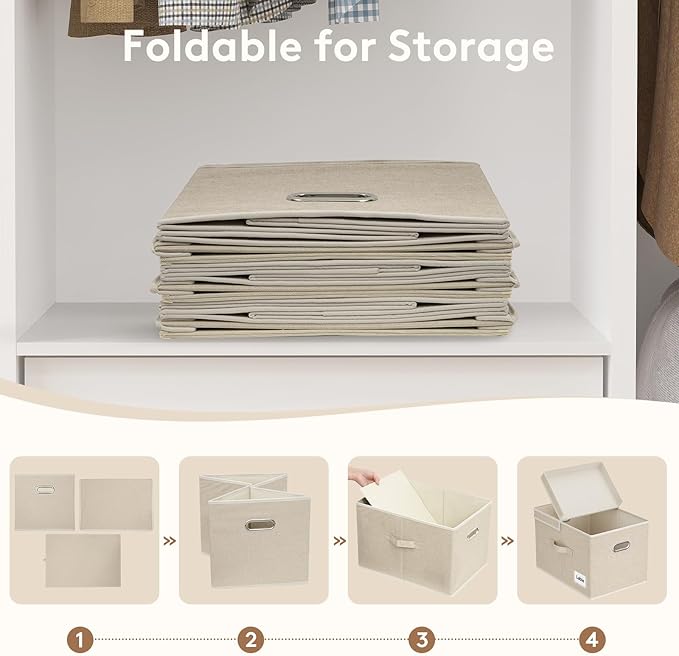 Lifewit Clothes Storage Bins with Lids, Fabric Foldable Storage Boxes with Handles, Decorative Closet Organizer, Stackable Cube Baskets Container for Bedroom, Office, 34.5L Large Beige, 5 Packs