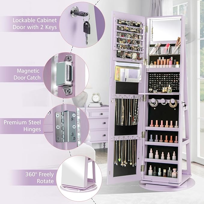 CHARMAID 360° Swivel Jewelry Armoire with Full Length Mirror, Rear Storage Shelves, Lockable Standing Jewelry Cabinet Organizer with Interior Vanity Mirror and 3-Color Lights (Lavender)