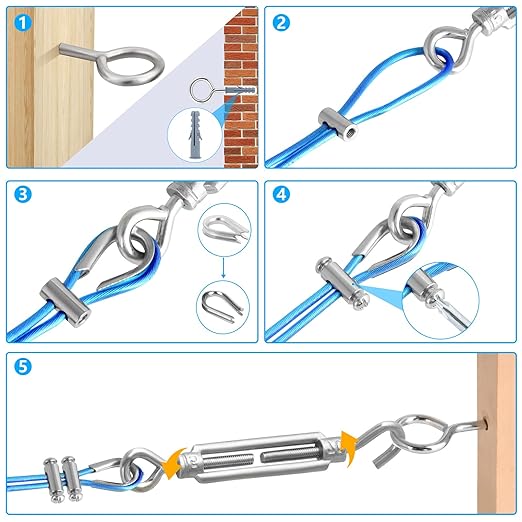Turnbuckles for Cables Wires, 100Ft Blue PVC Coated Cable Kit, 7 × 7 Strands Core Wire Rope for Clothesline Wire for T Post/Grape Vine/String Light Hanging Kit