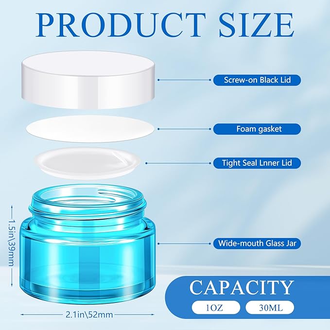Domensi 60 Pcs 1oz Glass Jars with Lids Bulk Salve Tins Winter Cream Container Small Glass Candle Cosmetic Jars for Travel Lip Balm with Inner Liners for Lotion Sample Cream(Light Blue, White Lids)