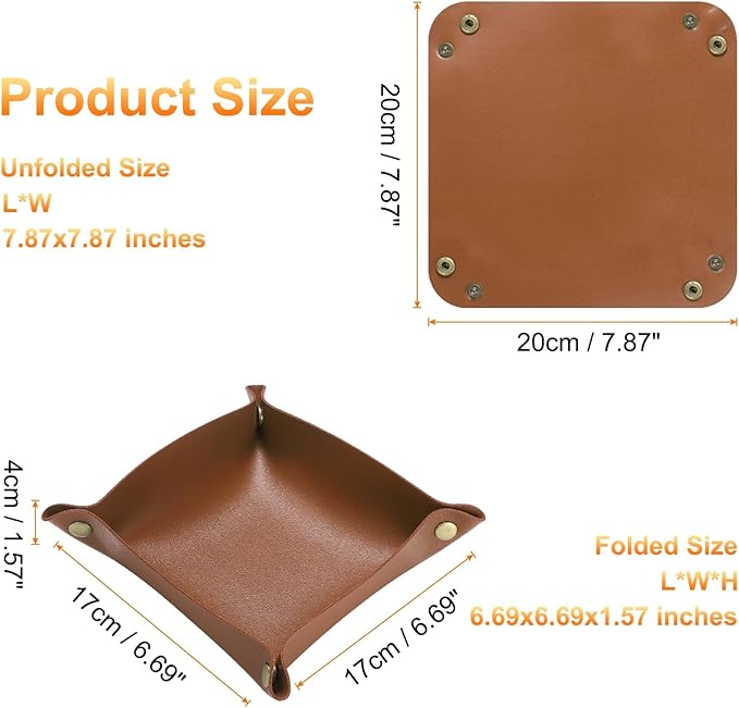HARFINGTON 4pcs PU Leather Valet Tray Unisex Folding Small Catchall Tray Portable Entryway Table Tray Nightstand Bedside Desk Tray for Key Wallet Watch Coin Jewelry Dice, Brown