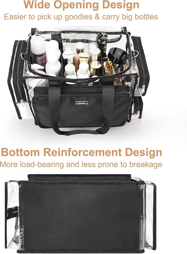 Relavel Clear Makeup Bag with 4 Small Pouches, Extra Large Makeup Artist Kit Set, Cosmetic Storage Organizer Transparent Tote Beach Toiletry Bag with Adjustable Dividers & Shoulder Strap