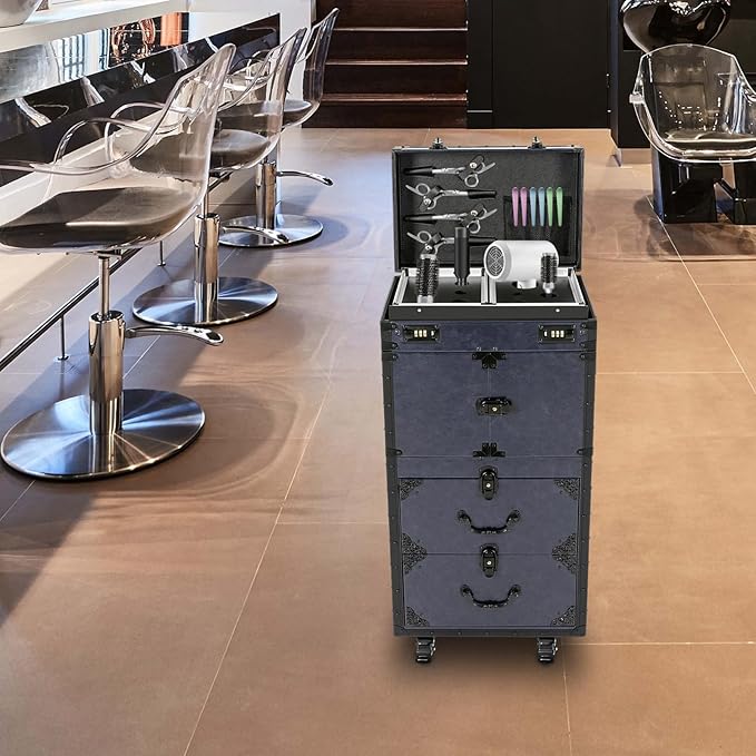 Rolling Makeup Case with Wheels and Locks, Cosmetology Case Makeup Train Case for Salon Barber Large Beauty Salon Luggage Rolling Lockable Makeup Train Extendable Tray Hairdressing (Style 2)