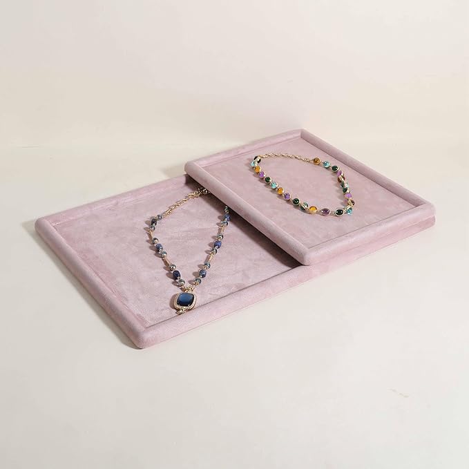 Rectangle Jewelry storage organizer plate, Velvet Jewerly display tray, Empty showcase tray for Necklace Bracelet Ring Earring【Pink-Large, 17.7 x 11.8 in 】