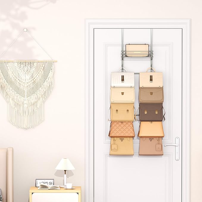 SWTYMIKI Over The Door Purse Organizer - Wall Mounted Handbag Organizer with 10 Hooks and Metal Basket, Hanging Purse Storage Rack Holds up to 10 Bags, Bag Rack Can Use As 1/2 Part, for Door, Closet