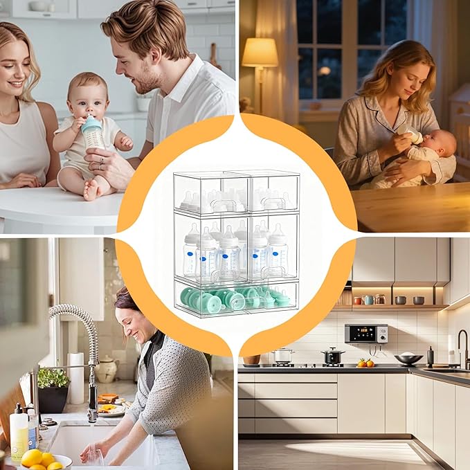 Stackable Storage Drawers Set of 5, Baby Bottle Organizer, Clear Multipurpose Storage for Countertop - Organize Kitchen, Vanity, Bathroom Cabinet & Pantry Supplies
