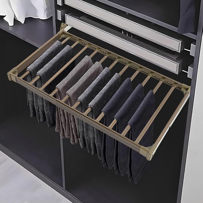 11 Arms Slide Out Pants Rack Closet Pants Hanger Bar Pull Out Trousers Rack Tie Belts Scarf Racks, Top Mounted Wardrobe Clothes Organizers Rail Pull Out Closet Storage Rod-Champagne