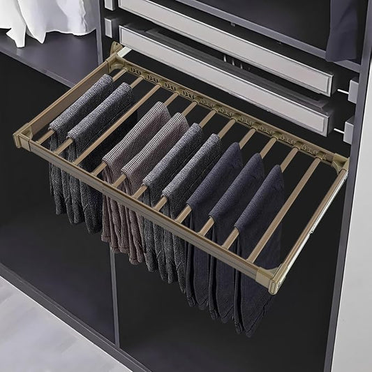 11 Arms Slide Out Pants Rack Closet Pants Hanger Bar Pull Out Trousers Rack Tie Belts Scarf Racks, Top Mounted Wardrobe Clothes Organizers Rail Pull Out Closet Storage Rod-Champagne