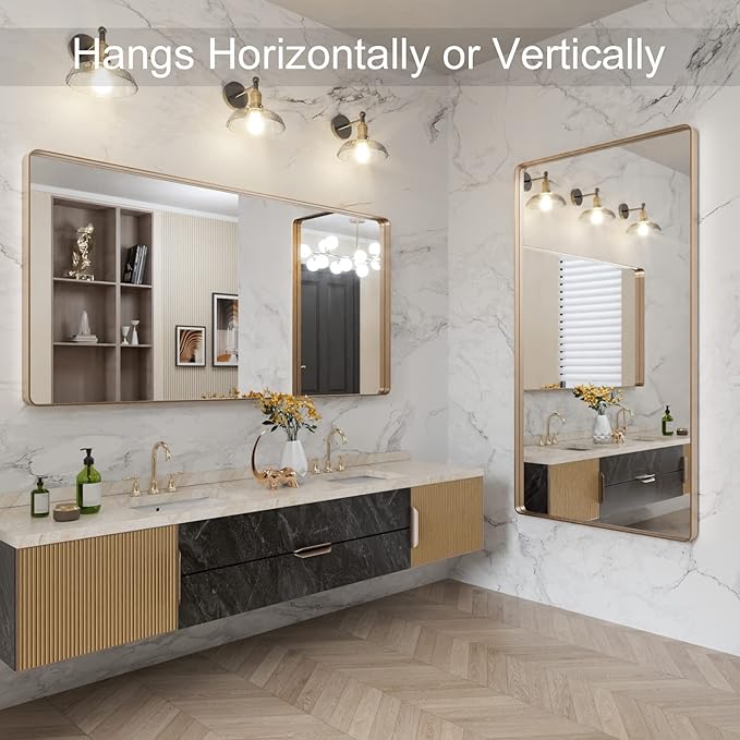 LOAAO 60”X30” Gold Bathroom Mirror, Rounded Rectangle Gold Frame Mirror, Brushed Gold Bathroom Vanity Mirror Wall-Mounted, Anti-Rust, Tempered Glass, Hangs Horizontally or Vertically