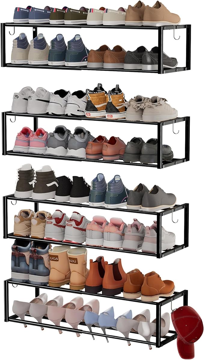4 Pack Expandable Wall Mounted Shoe Rack, 17"-31" Adjustable Hanging Shoe Rack Holds 32 Pairs, Heavy Duty Metal Shoe Holder with 8 Storage Hooks, Space Saving for Entryway Closet Doorway（Black
