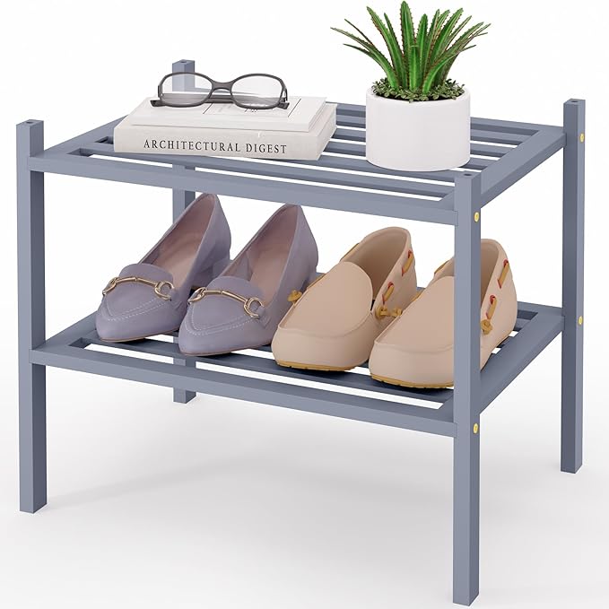 Smiry Small Bamboo Shoe Rack 2-Tier, Stackable Wooden Shoe Organizer for Entryway & Closet, Free Standing Wood Shoe Storage Shelf for Front Door & Small Spaces, Grey