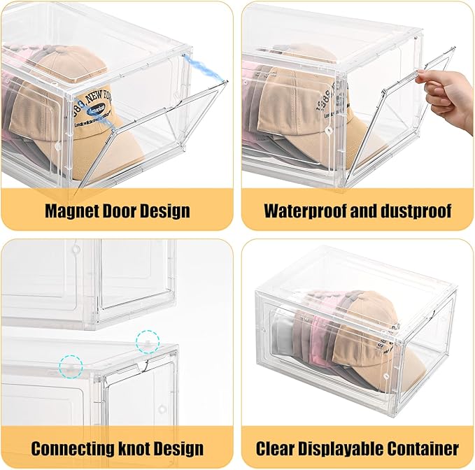 Hat Organizer Box,Stackable Clear Baseball Caps Holder Box Containers with Magnetic Door for Hats Snapback Cap Storage,Clear Hat Storage with Magnetic Door, Holds 60 Hats(clear, 6 pack)