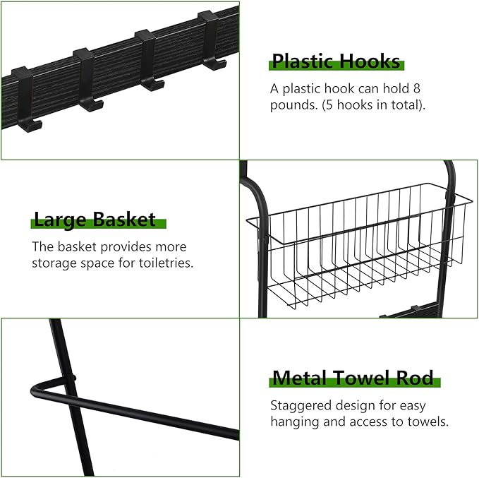 Over The Door Towel Rack 5 Tier Over The Door Towel Bar with Hooks Metal Towel Hanger for Bathroom Towel Holder Over Door with Basket for Bathroom Bedroom (Black)