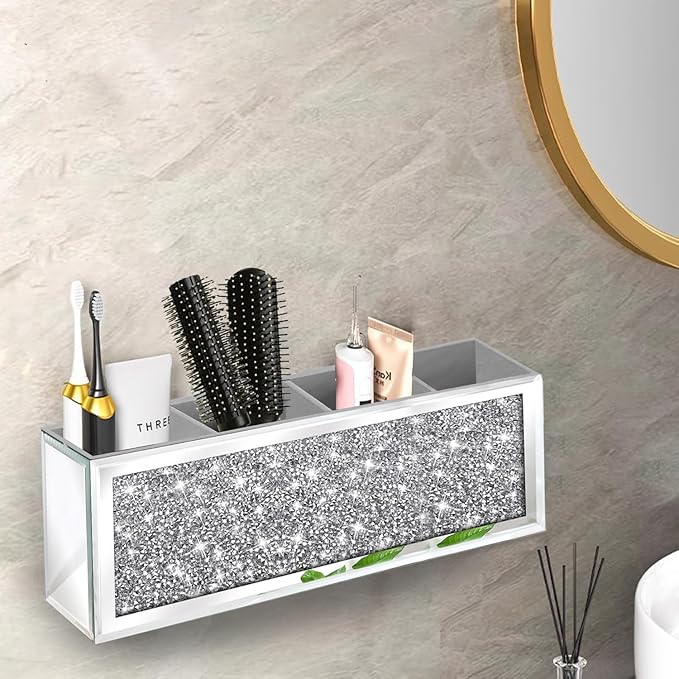 Mirror Hair Dryer Holder.（4 compartments）.Crystal Crush Diamond Hair Tool Organizer Wall Mount. Silver Bathroom Cabinet Tray for Blow Dryers, Hairdryer Straightener, Brushes (14.6”x4”x5”)