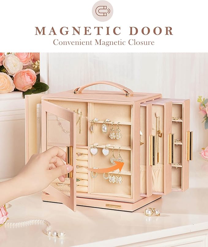 Homde Valentine's Day gifts Jewelry Box 360° Rotating, Necklace Earring Organizer with Transparent Window, Mirror, 7 Drawers, Large Ring Display Storage Case for Girls Women (Peach Pink)