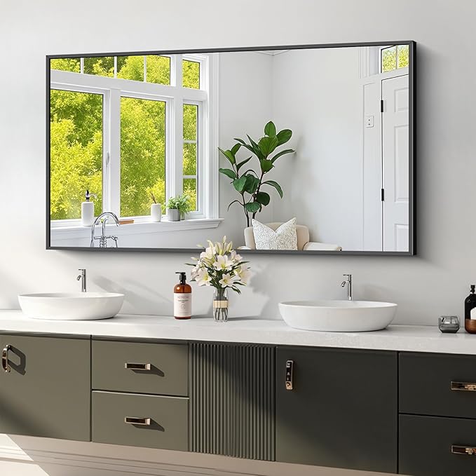 Koonmi Black Framed Bathroom Mirror - Shatterproof 24"x48" Tempered Glass, HD No Distortion, Horizontal/Vertical Mount, Modern Matte Aluminum Alloy Frame