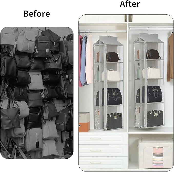 8 Grids in 1 Pack Hanging Purse Handbag Organizer with Double Zippers, Visible Purse Organizer for Closet, Fully Enclosed Handbag Storage Holder, Hanging Closet Organizer for Bags