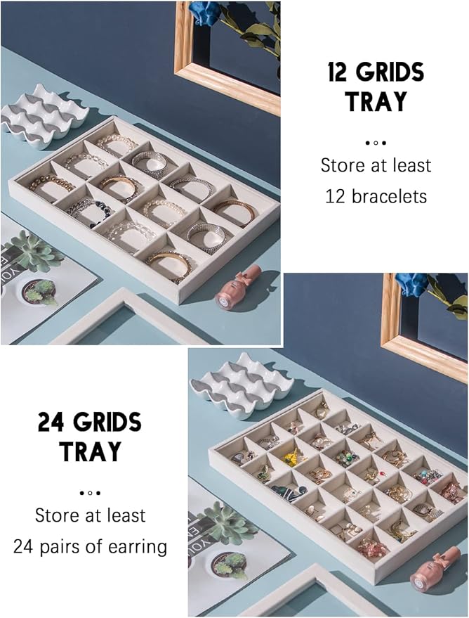 Coward Set of 5 Stackable Jewelry Organizer Tray Necklace Earring Box Storage Ring Bracelet Display Holder (beige(ring+necklace+12girds+24girds+The glass lid))