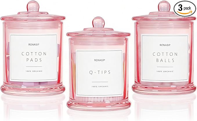 3 Pack Qtip Holder Dispenser, 16oz bathroom Organizer and Storage Canisters, Glass Apothecary Jars with Lid - Home Decor, Room Decor Aesthetic (Pink)