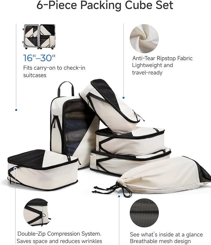 LUGGEX 6 Set Compression Packing Cubes for Travel, POX01 Luggage Organizers Bags, Suitcase Organizer with Shoe Bag Travel Accessories Essentials for Carry on & Checked (POX-Core, Beige)