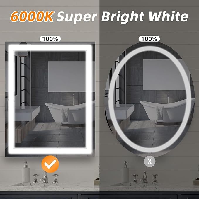 LED Bathroom Mirror 24"x32" Single Color 6000K,Super Bright,LED Mirror for Bathroom Lighted for Wall-Mounted Vanity Mirror with Front Light Anti-Fog,Shatterproof,Non-Touchscreen Switch