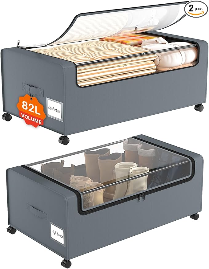 Webetop 12 inch Under the Bed Storage Bins with Clear Lid, Under Bed Storage Containers with Wheels for Underneath Small Spaces Dorms, Blankets (2 Pack, Grey, 30.7"x17.3"x12")