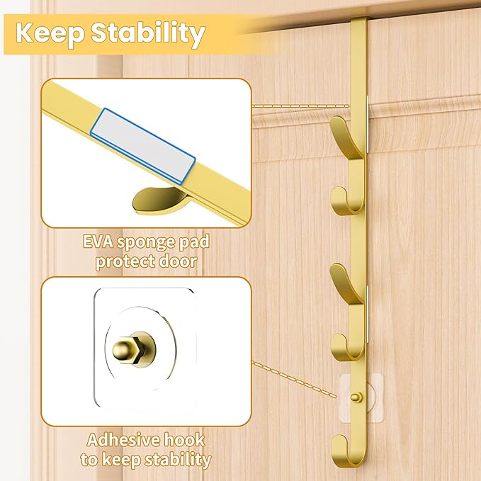 Over The Door Hooks, Metal Door Hooks for Hanging, Over The Door Purse Organizer for Door Coat Hanger, Back of Shower for Hanging Towel Rack Clothes, Hat, Bathroom, Closet (Gold-3Packs)