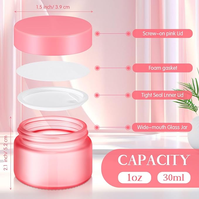 Domensi 60 Pcs 1oz Glass Jars with Lids Bulk Salve Tins Winter Cream Container Small Glass Candle Cosmetic Jars for Travel Lip Balm with Inner Liners for Lotion Sample Cream(Pink,Pink Lids)