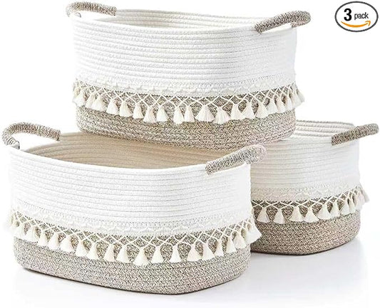 Storage Bins Woven Baskets for Storage Set of 3, Cotton Rope Basket with Handles for Toys/Shelves/Laundry, Rectangle Multi-Purpose Organizer for Living Room, Bedroom, Nursery (White/Beige)