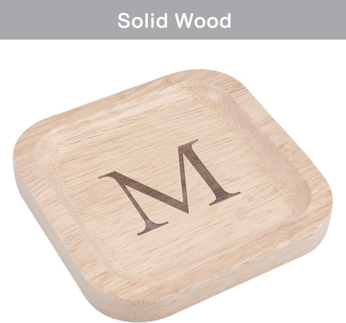 I'm Wooden Personalized Letter Catchall Valet Tray Trinket Dish Jewelry Tray Key Bowl Decorative Plate Organizing Ring Earrings Necklaces Bracelet Watch Coins Wallet Holder (6"x6" Sq Natural M)