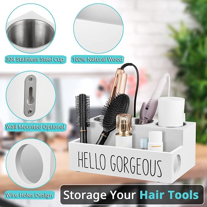 Bivvclaz Hair Tool Organizer, Wooden Hair Dryer Holder Countertop, Wall Mount Hot Tools Organizer for Hair Styling Accessories, Bathroom Supplies Vanity Caddy for Curling Wand, Blow Dryer, White