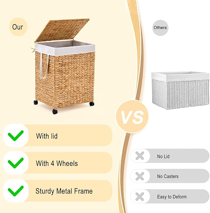 Laundry Hamper with Lid, Large Capacity Woven Natural Water Hyacinth Laundry Sorter with Removable Liners, Rolling or Non-Slip Design for Bedroom (Natural, 100L)