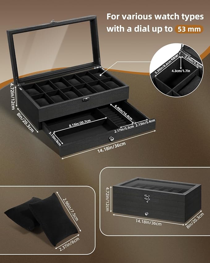 Uten 12-Slot Watch Box, 2-Layers Solid Wood Watch Display Case with Glass Lid, Watch Holder Organizer with Soft Pillow and Velvet Lining, Watch and Jewelry Storage Box, Black