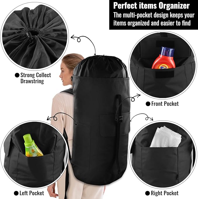 Laundry Bag Backpack, 125L Extra Large Laundry Backpack with Shoulder Straps, Adjustable Extendable Laundry Hamper Bag with 3 Pockets for College, Travel, Camping (Black)