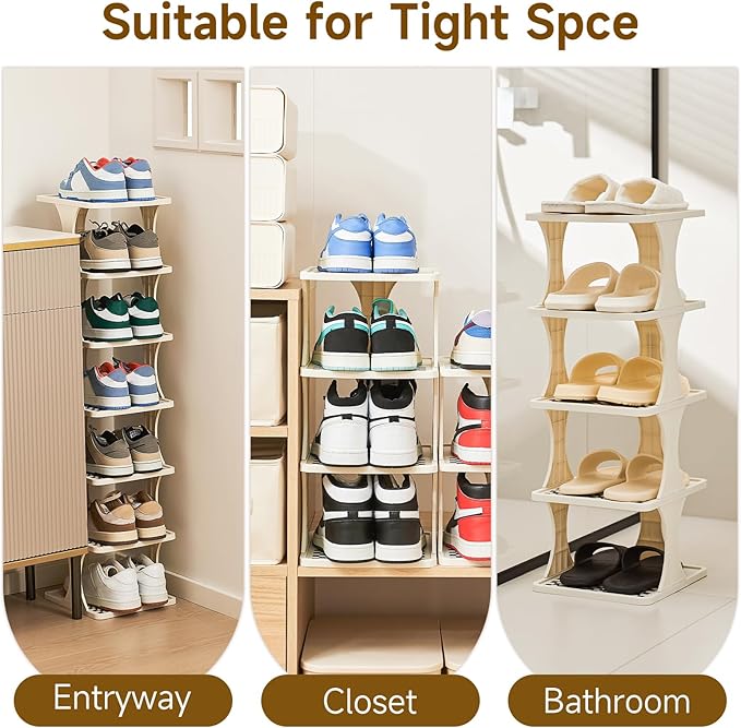 Vertical Shoe Rack 6 Tier Adjustable Shoe Organizer Small Shoe Shelf for Closet, Narrow Entryway, or Bedroom Easy to Assemble and Disassemble Holds Up to 7 Pairs of Shoes (White)