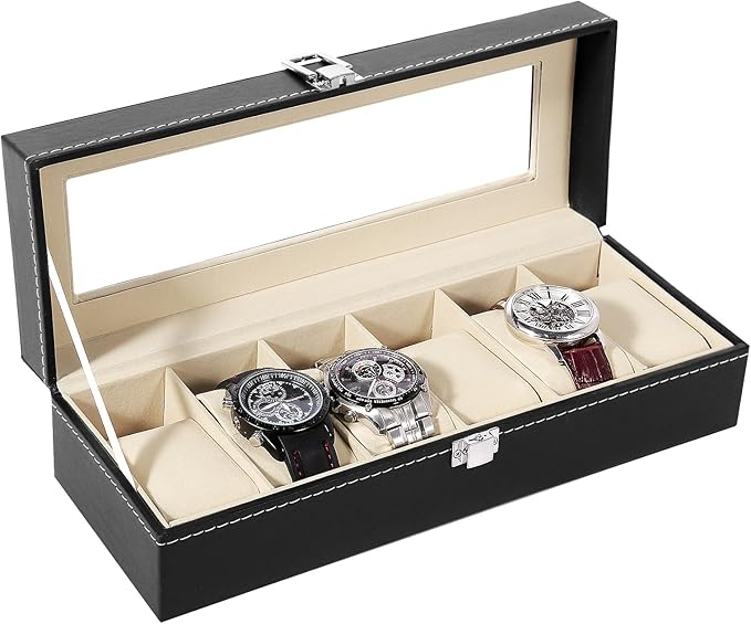 Uten Watch Box, 6 Slots Watch Case, Watch Box Organizer Jewelry Storage with Large Glass Lid, Watch Display Case, Watch Box for Men & Women