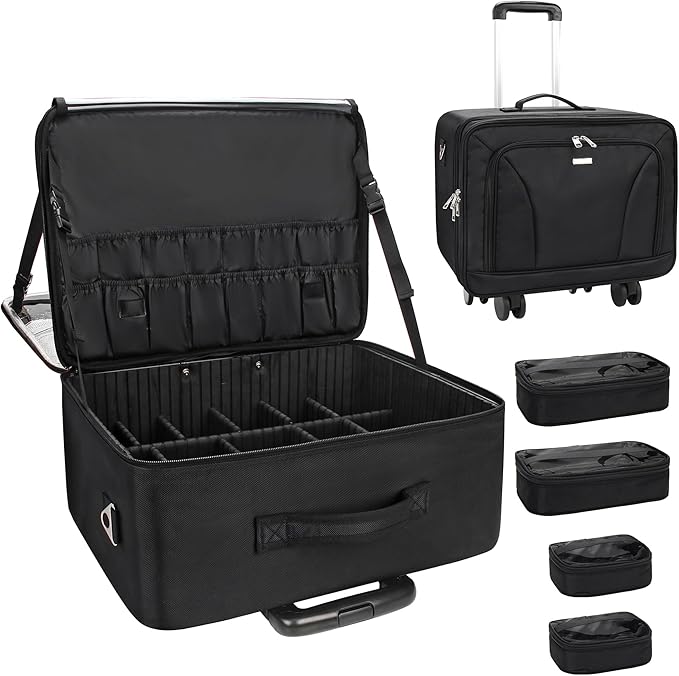 Relavel Rolling Makeup Case, Extra Large Travel Train Case with 360° Spinner Wheels, 3 Layer with Insulation Compartment & Four Clear Storage Bags, Professional Makeup Artist Bag Set, Black