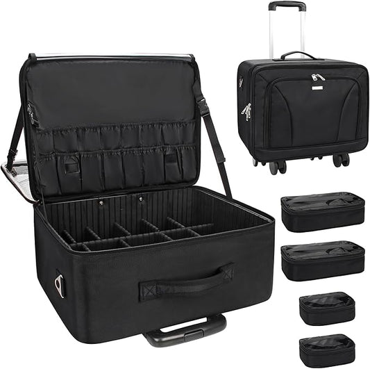 Relavel Rolling Makeup Case, Extra Large Travel Train Case with 360° Spinner Wheels, 3 Layer with Insulation Compartment & Four Clear Storage Bags, Professional Makeup Artist Bag Set, Black