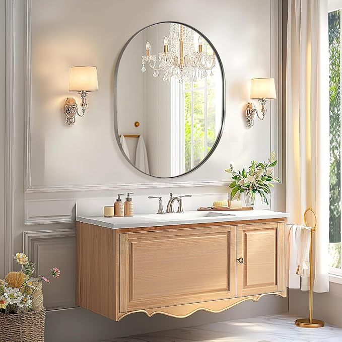 ANDY STAR 24x32’’ Oval Bathroom Mirror, Oval Nickle Mirror Pill-Shaped Design in Stainless Steel Metal Frame for Bathroom, Entryway, Living Room, Contemporary 1" Deep Wall Mount Vertical or Horizontal