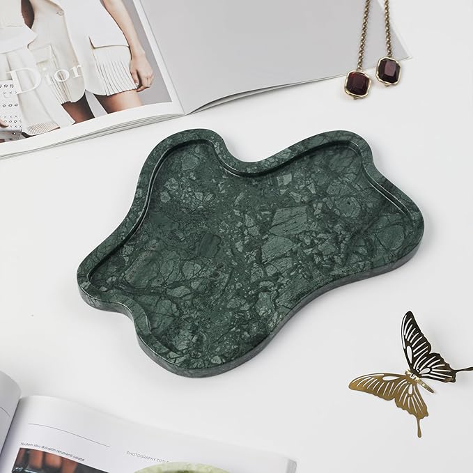 Green Marble Tray, Marble Vanity Tray, Bathroom, Decor for Trinket Perfume Jewelry Candle, 11 Inch Cloud