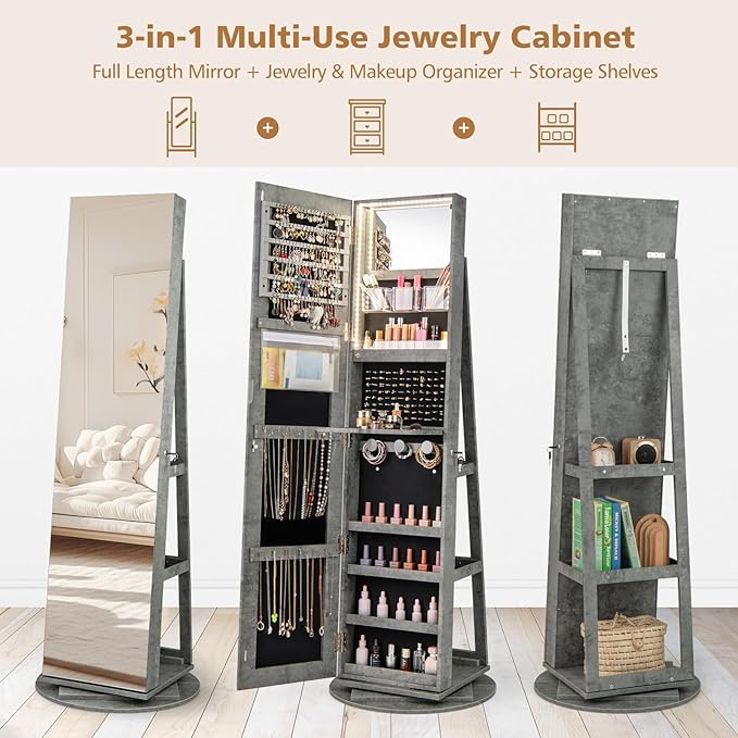 CHARMAID 360° Swivel Jewelry Armoire with Full Length Mirror, Rear Storage Shelves, Lockable Standing Jewelry Cabinet Organizer with Interior Vanity Mirror and 3-Color Lights (Stone Gray)