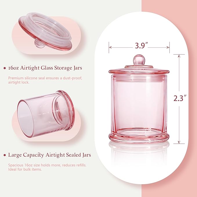 3 Pack Qtip Holder Dispenser, 16oz bathroom Organizer and Storage Canisters, Glass Apothecary Jars with Lid - Home Decor, Room Decor Aesthetic (Pink)