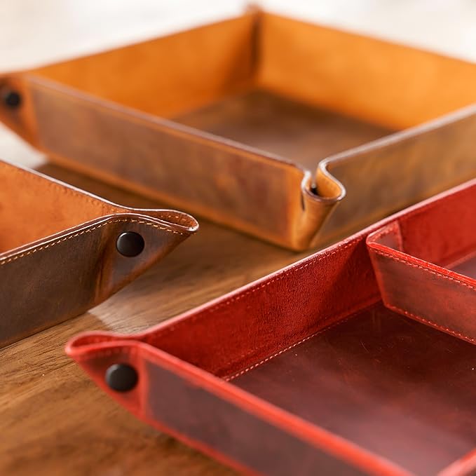 Handmade Leather Catch All Tray and Organizer for Keys, Phones, Jewels, Coins, Square - Small, Deep Black